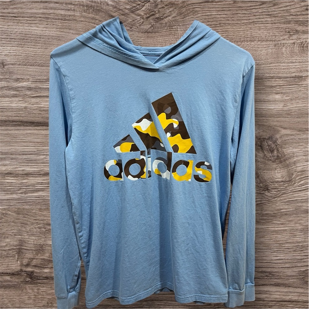 Adidas Long Sleeve Hooded Blue Shirt W/ Camo Logo Boy’s Size XL 18/20 EUC